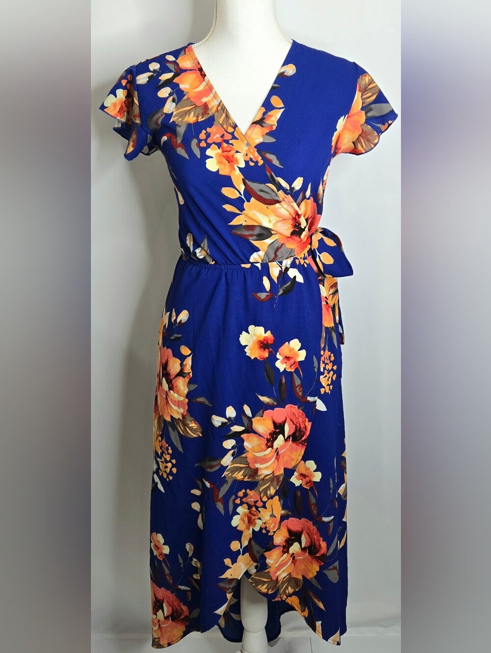 Dream of Me Floral High Low Maxi Dress Faux Wrap Flutter Sleeve Blue NWOT M